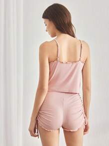 Ocili Leisure Baby Pink Ribbed Simple & Comfy Frill Camisole & Short Pajama Set For Women - Pink - View 2