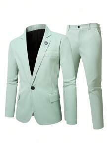 Manfinity Mode Plus Size Men's Solid Color Lapel Collar Business Suit Jacket And Pants Set