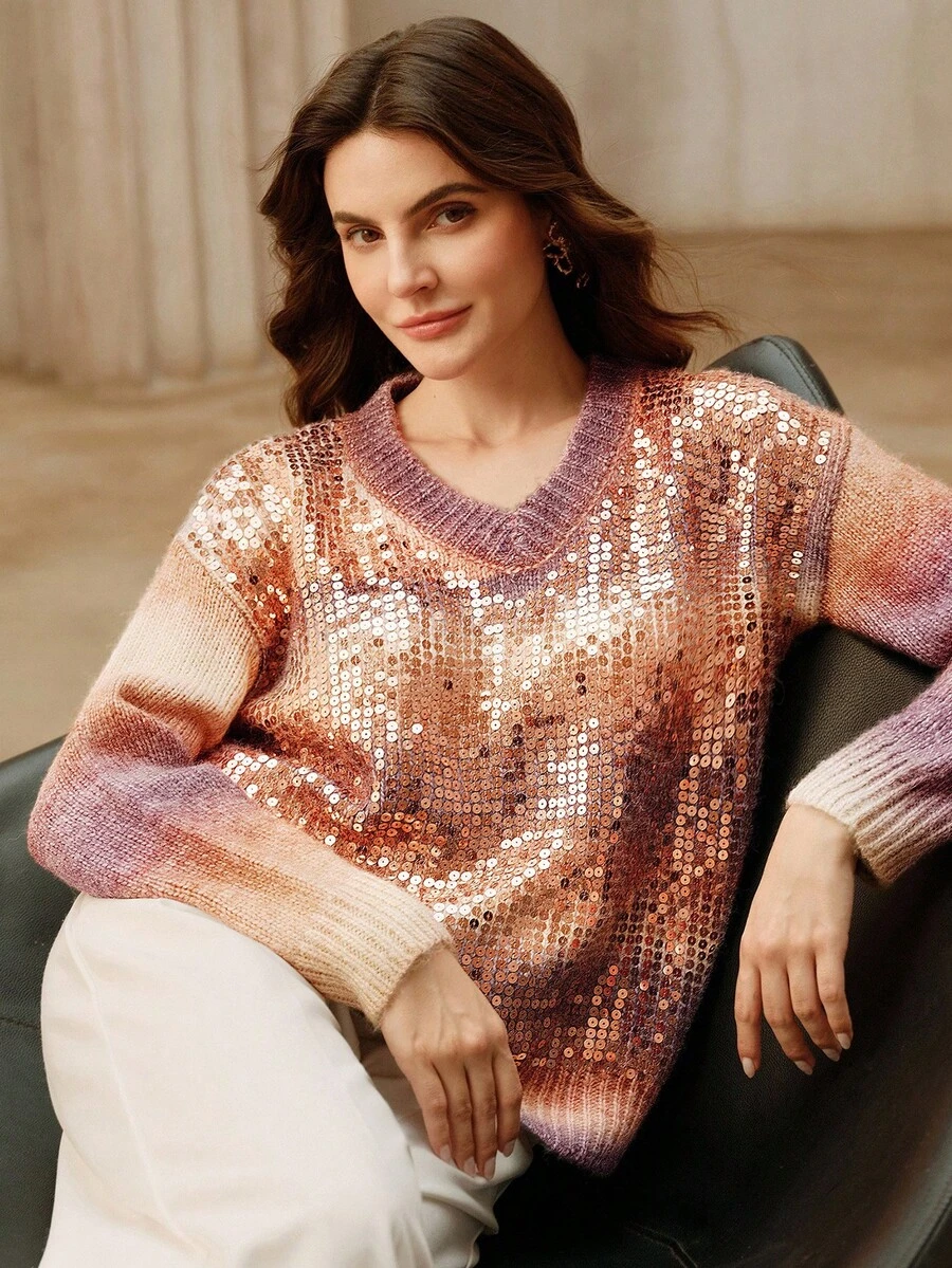 Anewsta Maglione pullover con scollo a V e maniche lunghe con paillettes sfumate, adatto per autunno, inverno, primavera, Capodanno, feste, matrimoni, elegante, chic, di stile, casual, confortevole, formale - Viola - Visualizzare 1