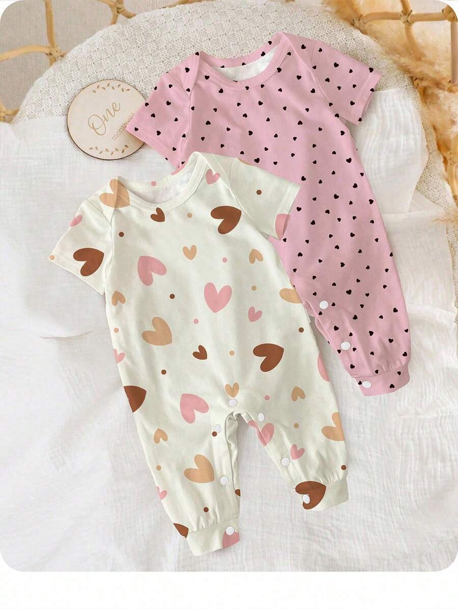 SHEIN 新生儿爱心印花短袖连体衣，适合夏季穿着