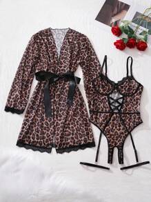 SHEIN 5pcs Set: Sexy Lingerie Classic Leopard Print Bodystocking + Robe + 2 Garters + Belt Leopard Print Lingerie Set Leopard Print Robe Lingerie With Garter Belts, Going Out - Multicolor - View 6