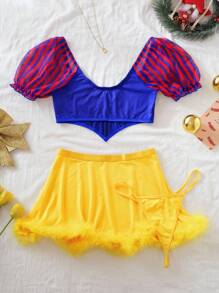 SHEIN 3件套：鱼骨短款上衣+丁字裤+羽毛腰裙，甜美公主派对装