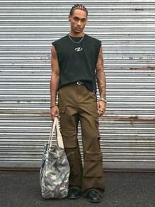 AXEPEAK Vintage American Style Multi-Pocket Decorated Casual Cargo Pants - Brown - View 3