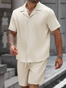 Manfinity Homme Conjunto de camisa de manga corta con botones y pantalones cortos de unicolor para hombres de talla grande - Albaricoque - Ver 3