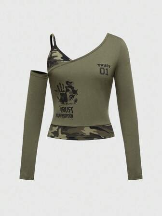 Grunge Punk Y2K Grunge Retro Eye & Letter Print Camouflage Patchwork Oblique Shoulder Women Long Sleeve T-Shirt, Autumn