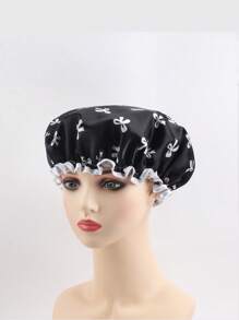 1pc, Double-Layer Waterproof And Reusable Women_s Bath Cap With Bowknot Pattern Shower Cap, Elastic Bathing Hair Cover For Women, Hair Cover For Kitchen And Home Use Home Bathroom Decor Summer Back To School