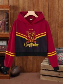 HARRY POTTER X SHEIN 少女徽章印花撞色条纹卫衣，春秋/秋冬款 - 酒紅色 - 查看 1