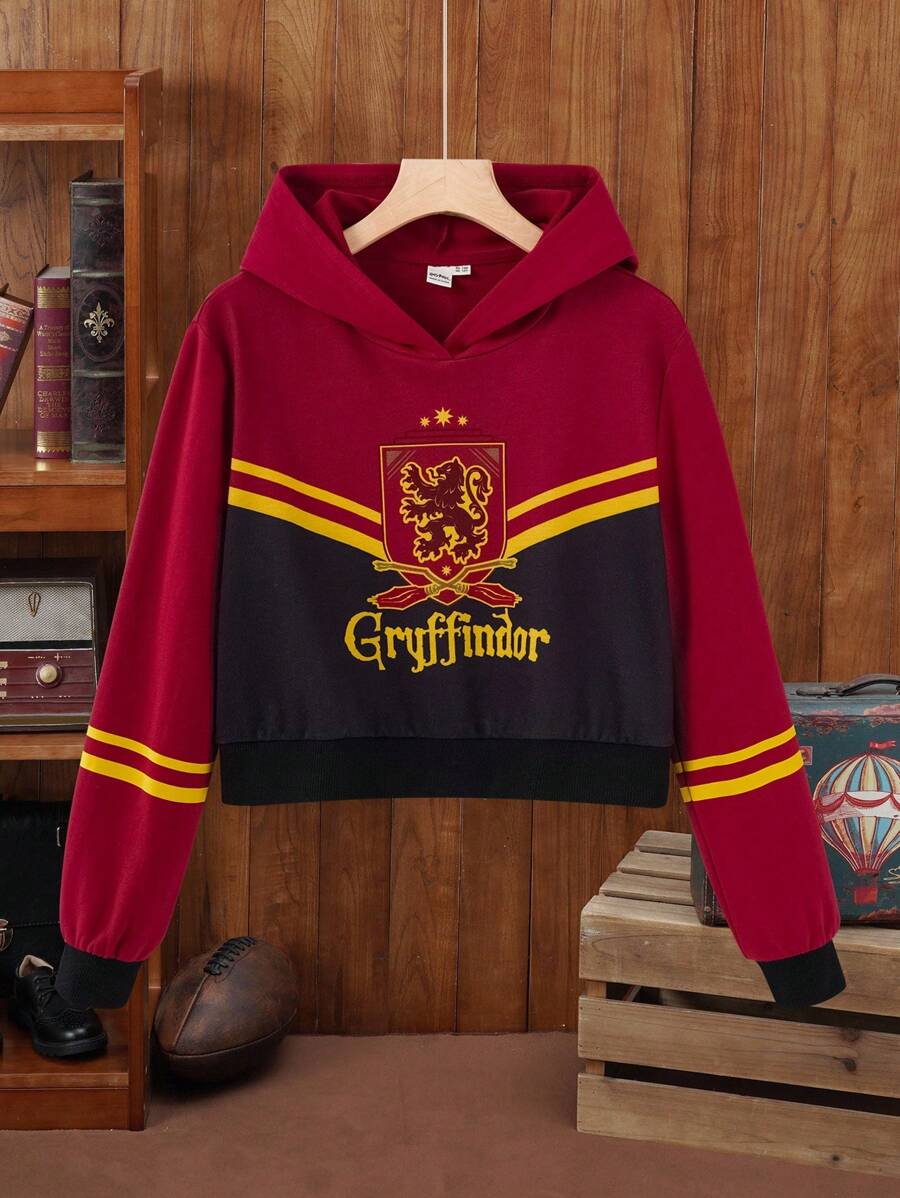 HARRY POTTER X SHEIN 少女徽章印花撞色条纹卫衣，春秋/秋冬款 - 酒紅色 - 查看 1