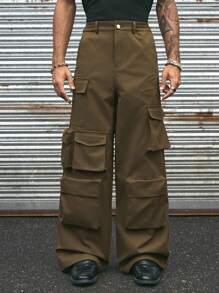 AXEPEAK Vintage American Style Multi-Pocket Decorated Casual Cargo Pants - Brown - View 5