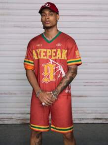 AXEPEAK Men's Summer Casual Contrast Stripe & Letter Print T-Shirt And Shorts Set - Red - View 4