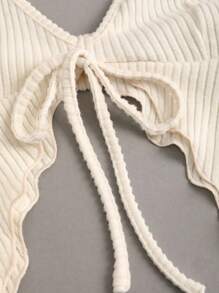 SHEIN Unity 杏色毛绒罗纹针织 V 领露背不对称下摆吊带上衣和直筒迷你裙套装，柔软舒适时尚休闲装，适合派对、度假、女士