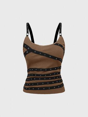 Grunge Punk Débardeur noir sexy sans manches à fines bretelles et décolleté plongeant avec clous, strass et rubans. Convient pour l'été, la plage, la remise des diplômes, Pâques, les concerts, les vacances à Nashville, les festivals de musique, le rock