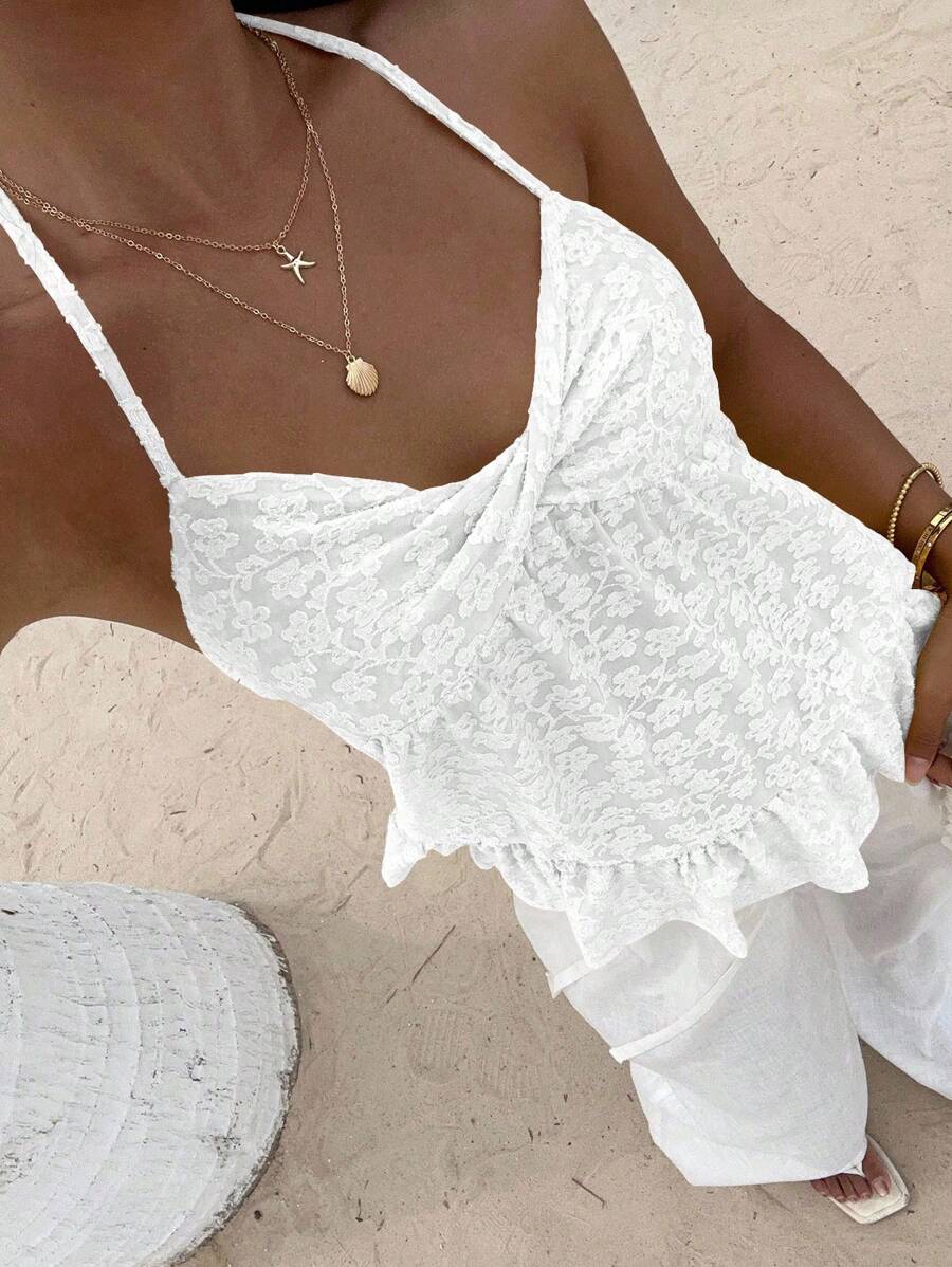 Sunnyshic Women's Floral Jacquard Twist Design Fashion Halter Neck Tank Top - White - View 1