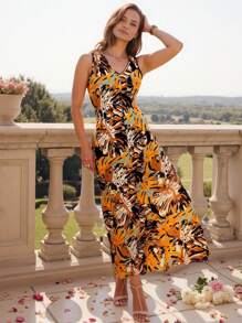Shutterstock Glamance Full Print V-Neck Sleeveless Dress Casual And Resort Wear For Women Fall Clothes Modest - Yellow - View 4