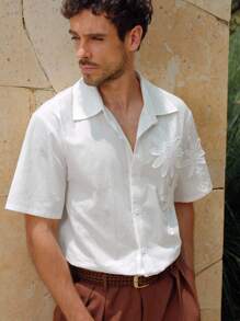 Manfinity BRENVOR 男士白色夏季休闲外出3D刺绣插肩短袖衬衫 - 白色 - 查看 8