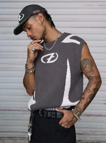 AXEPEAK Men's Fashion Street Graphic Pattern Loose Knit Sweater Vest, For Fall Winter - Grey - View 5