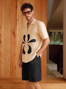 Manfinity BRENVOR 夏季男士刺绣撞色短袖休闲衬衫 - 杏色 - 查看 3