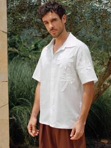 Manfinity BRENVOR 男士白色夏季休闲外出3D刺绣插肩短袖衬衫 - 白色 - 查看 3