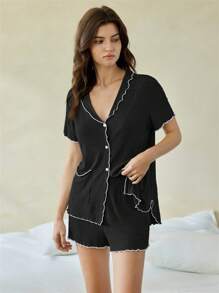 Ocili Leisure Soft Ribbed Cotton Contrast Color Ruffle Trim Short Sleeve & Shorts Women Pajamas Set - Black - View 3
