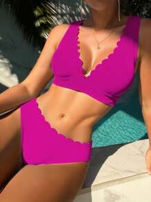 Women's Solid Color Curved Edge Sexy Bikini Set, Summer Beach - Hot Pink - View 1