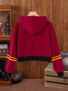 HARRY POTTER X SHEIN 少女徽章印花撞色条纹卫衣，春秋/秋冬款 - 酒紅色 - 查看 3