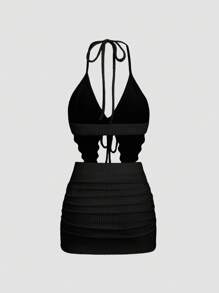 EgrlEra Apricot Fleece Ribbed Knit V-Neck Backless Asymmetrical Hem Tie-Back Tank Top & Mini Bodycon Skirt Set, Soft Comfortable Casual Chic For Party, Vacation, Ladies