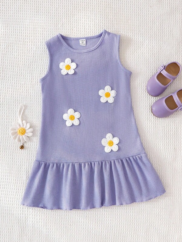 Young Girl' Knitted Waffle Fabric Cute Embroidered Daisy Vacation Dress