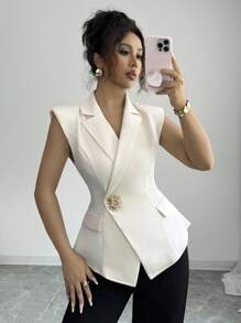 Elenzga 女士优雅简约金属扣无袖背心夹克，修身剪裁 - 杏色 - 查看 3
