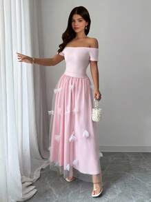 Selianne Standard Size Women Off Shoulder Solid Top + Floral Mesh Patchwork Skirt, 2pcs Elegant Set - Pink - View 7