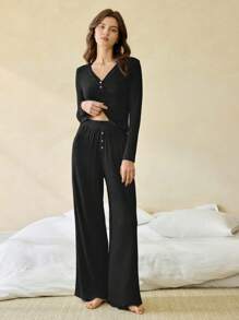 Ocili Leisure Women's Solid Color V-Neck Regular Shoulder Long Sleeve Top And Pants Lounge Set Cozy Outfit, Fall Winter Clothes - Black - View 2
