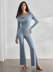 Ocili 休闲简约舒适软壳纽扣前长袖上衣和裤子家居服套装女士节日装 - 霧霾藍 - 查看 6