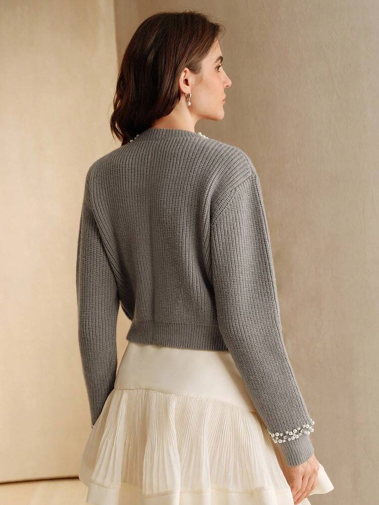 Cardigan de Tricô com Decoração de Contas em Estilo Francês de Celebridade, Adequado para Outono, Inverno, Saída, Elegante, Formal, Festa, Chique, Ano Novo, Natal, Trabalho, Formatura, Casamento