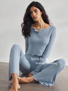 Ocili 休闲简约舒适软壳纽扣前长袖上衣和裤子家居服套装女士节日装 - 霧霾藍 - 查看 1