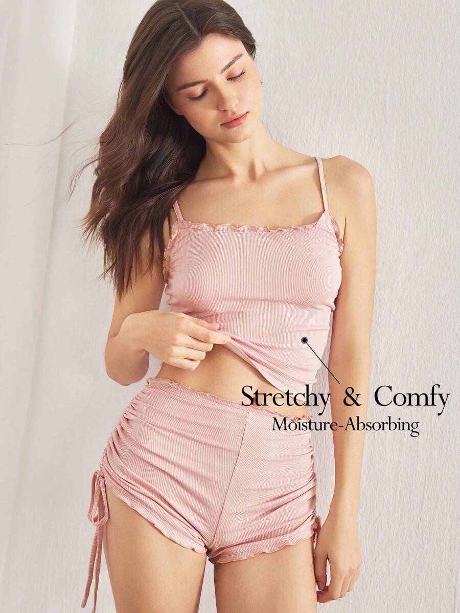 Ocili Leisure Baby Pink Ribbed Simple & Comfy Frill Camisole & Short Pajama Set For Women - Pink - View 1