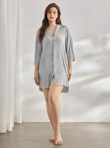 Ocili 休闲加大码罗纹舒适贝壳领纽扣荷叶边睡衣连衣裙，舒适保暖，秋冬款 - 灰色 - 查看 4