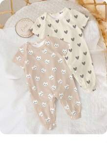 SHEIN 新生儿卡通猫咪爱心印花短袖连体衣，适合夏季穿着 - 彩色 - 查看 1