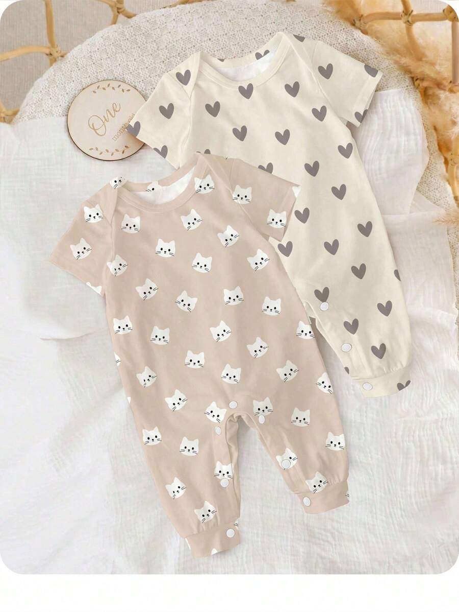 SHEIN 新生儿卡通猫咪爱心印花短袖连体衣，适合夏季穿着 - 彩色 - 查看 1