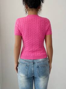 Elenzga Rose Red Crew Neck Cable Knit Short Sleeve Sweater For Women Knit Pullover Fall Winter - Hot Pink - View 2