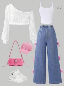 SHEIN ChillGRL 3 件套女童蝴蝶结吊带上衣，采用镂空肩部设计，搭配蝴蝶结阔腿裤，适合初秋外出旅行 - 白色 - 查看 2