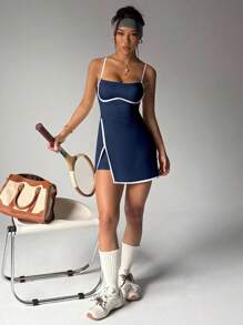 Dewbera Navy Blue Sleeveless Mini Tennis Dress With Spaghetti Straps And Built-In Shorts Athletic Dress With Built-In Bra - Navy Blue - View 3