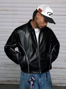 AXEPEAK Men's Contrast Collar Zip-Up Long Sleeve Jacket , Fall Winter, Grunge - Black - View 2