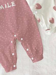 SHEIN New Born Baby Strawberry And Polka Dot Letter Print Short Sleeve Jumpsuit, Suitable For Summer Graphic - Multicolor - View 4