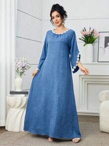 Al Najma Váy xòe thêu phong cách Ả Rập thanh lịch cho nữ - Xanh đậm - Xem 3