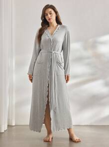 Ocili 舒适罗纹针织撞色滚边柔软短领系带睡袍，大码居家服，舒适保暖，秋冬季佳选。