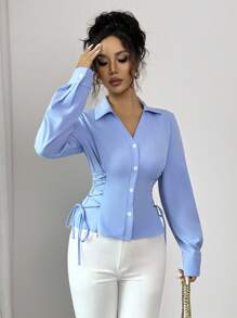 Elenzga Áo sơ mi nữ màu xanh trơn thanh lịch với thiết kế cà vạt chéo hai bên - Màu xanh lam - Xem 6