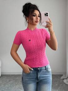 Elenzga Rose Red Crew Neck Cable Knit Short Sleeve Sweater For Women Knit Pullover Fall Winter - Hot Pink - View 7