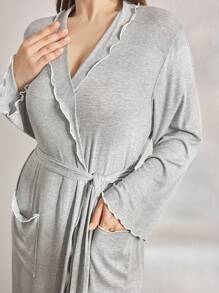 Ocili 舒适罗纹针织撞色滚边柔软短领系带睡袍，大码居家服，舒适保暖，秋冬季佳选。