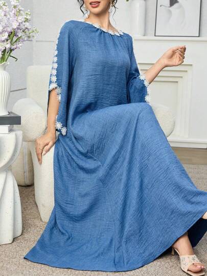 Al Najma Vestido drapeado elegante y estético con bordado de estilo árabe para mujer