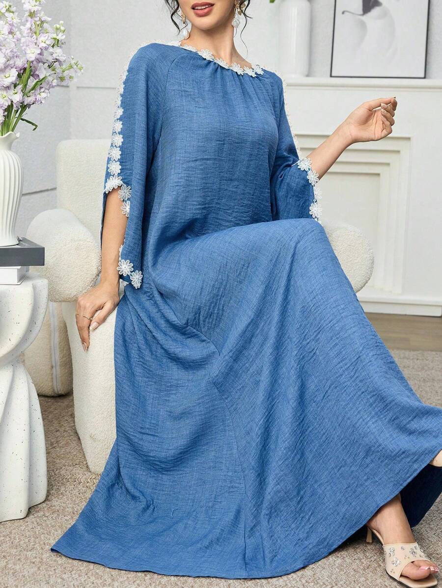 Al Najma Váy xòe thêu phong cách Ả Rập thanh lịch cho nữ - Xanh đậm - Xem 1