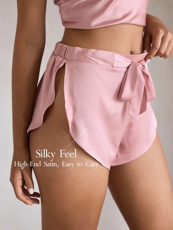Ocili Ocili Leisure Silky Soft Satin-Like Women Pajama Bottoms Sleep Shorts With Drawstring & Slit